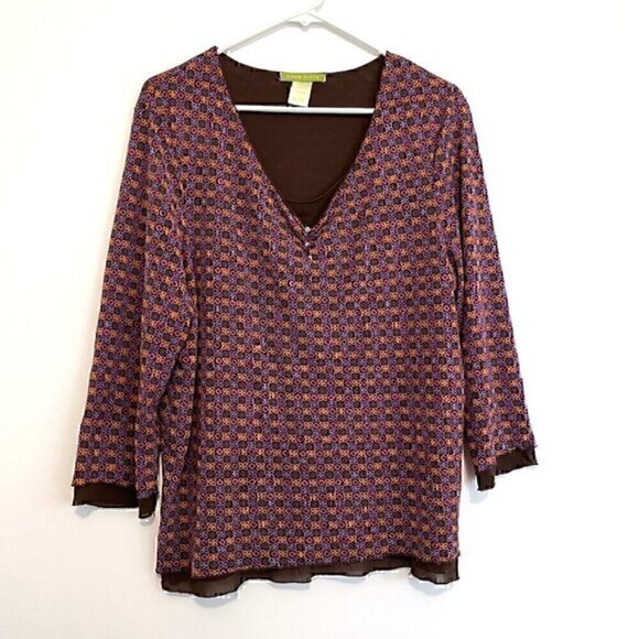 SIGRID OLSEN Plus Size Purple Orange Brown Multi Geo Retro Mesh 3/4 Sleeve Top - Picture 1 of 14